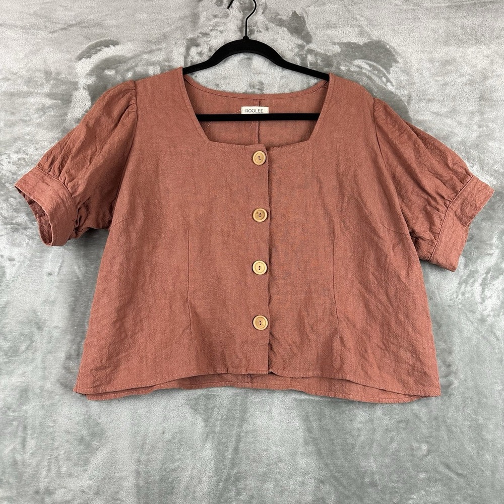 Roolee Button Front Blouse Women's XXL Dusty Rose Pink Square Neck Puff Sleeves